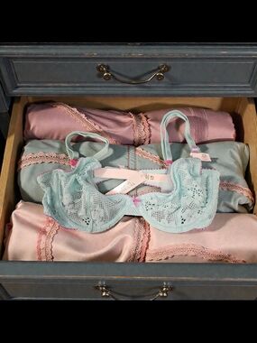 Victoria's Secret Light Blue Lace Underwire Bra with Pink Accents